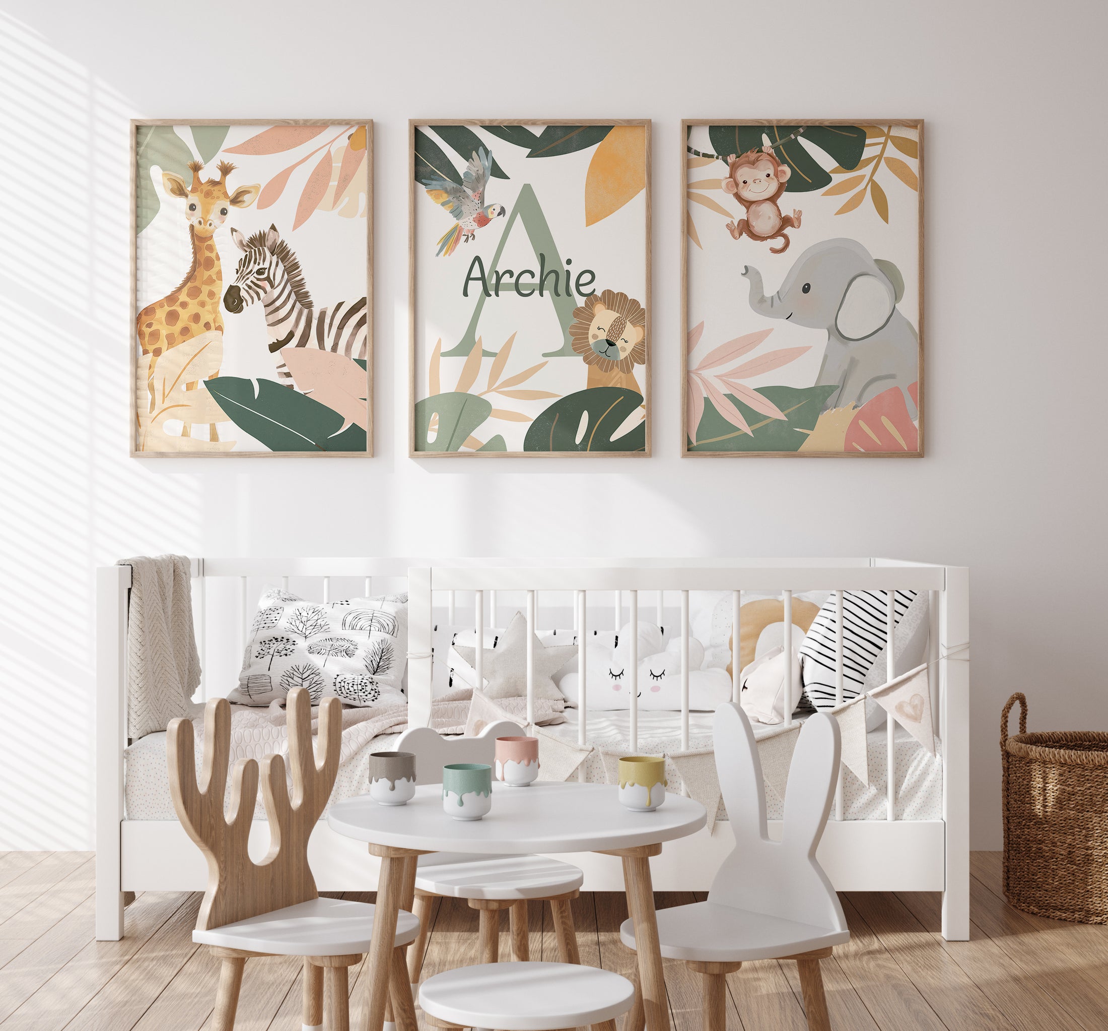 Botanical Safari Animals Nursery Wall Art | Set of 3 Prints | Personalised Name - RoseRowanDesign