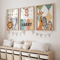Load image into Gallery viewer, Carnival Safari Animals Nursery Wall Art | Set of 3 Prints | Personalised Name - RoseRowanDesign
