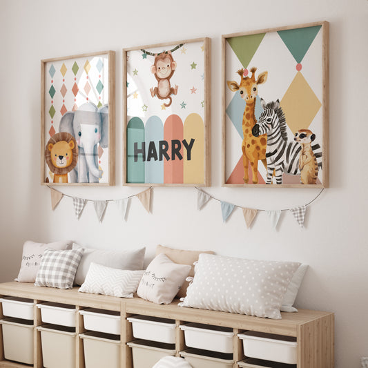Carnival Safari Animals Nursery Wall Art | Set of 3 Prints | Personalised Name - RoseRowanDesign