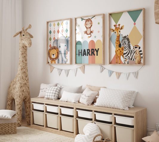 Carnival Safari Animals Nursery Wall Art | Set of 3 Prints | Personalised Name - RoseRowanDesign