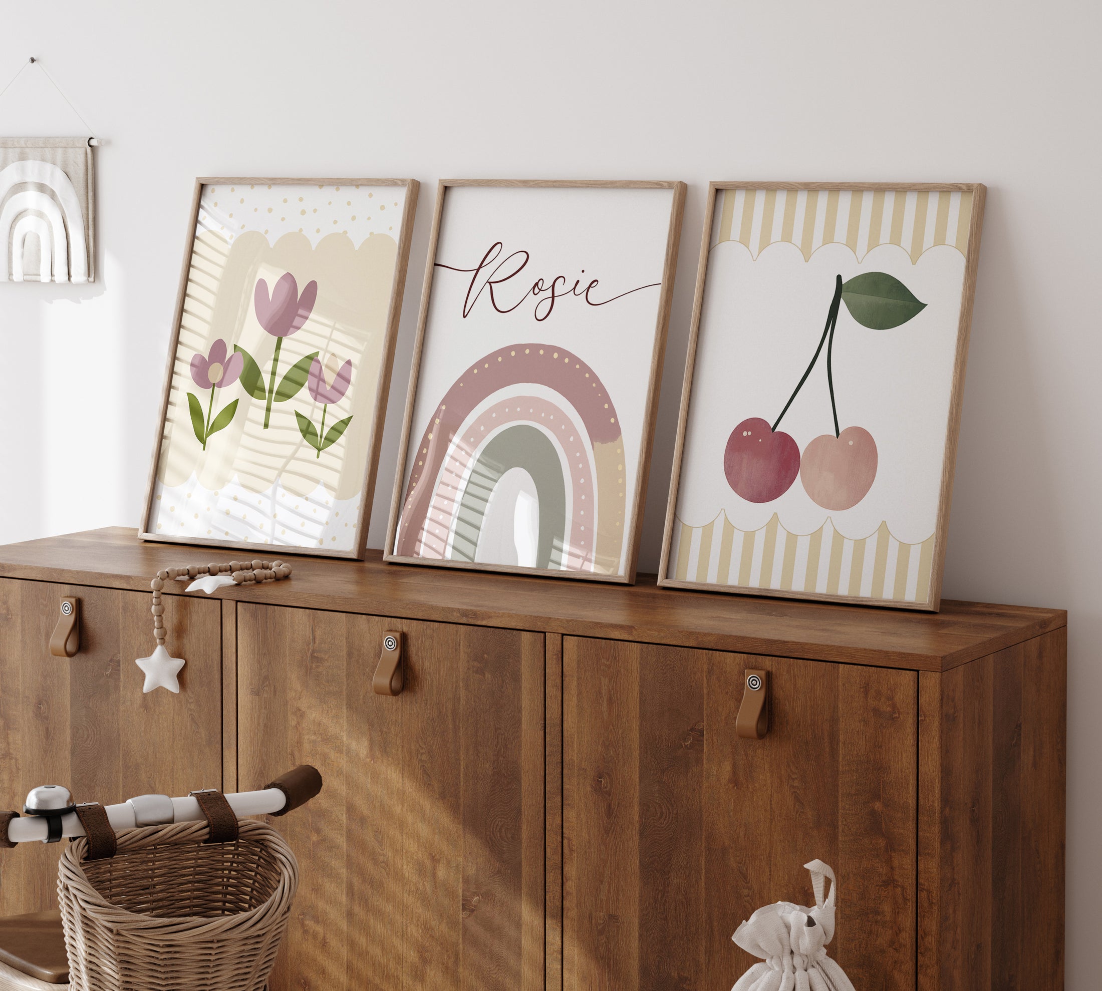Cherries, Rainbow and Retro flowers | Set of 3 Prints | Personalised Tween Room - RoseRowanDesign