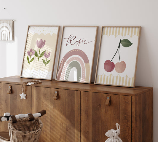 Cherries, Rainbow and Retro flowers | Set of 3 Prints | Personalised Tween Room - RoseRowanDesign