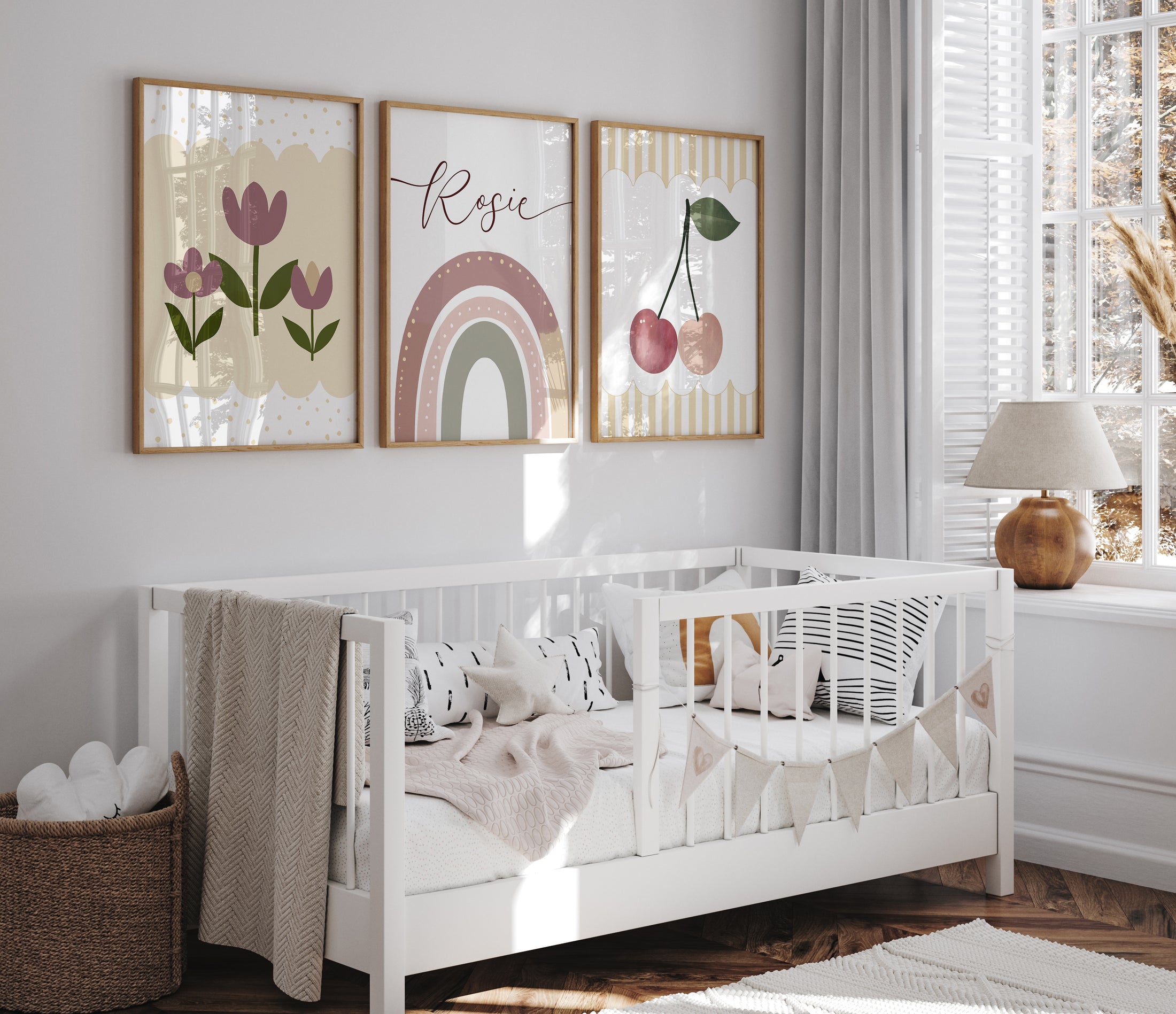 Cherries, Rainbow and Retro flowers | Set of 3 Prints | Personalised Tween Room - RoseRowanDesign