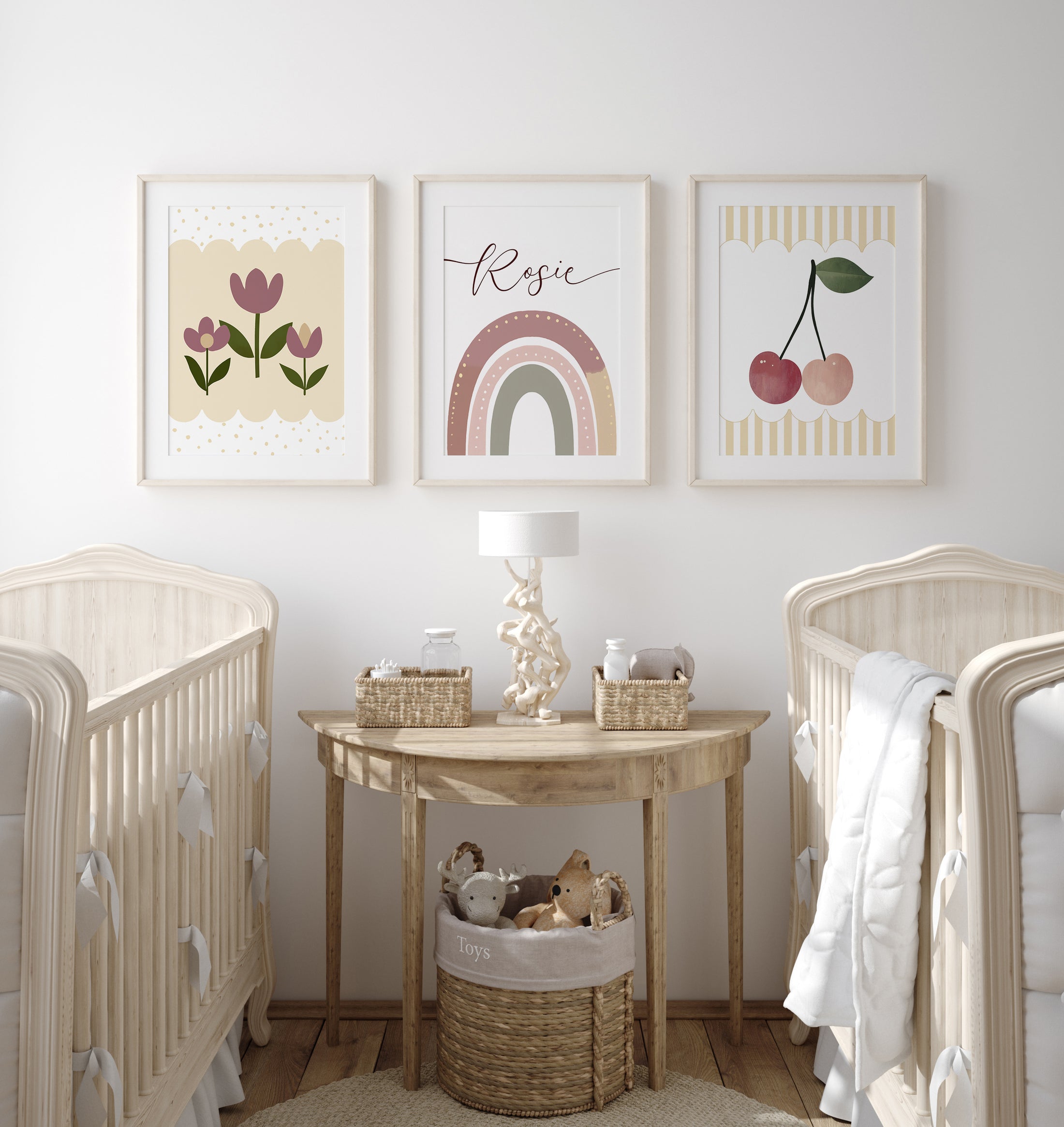 Cherries, Rainbow and Retro flowers | Set of 3 Prints | Personalised Tween Room - RoseRowanDesign