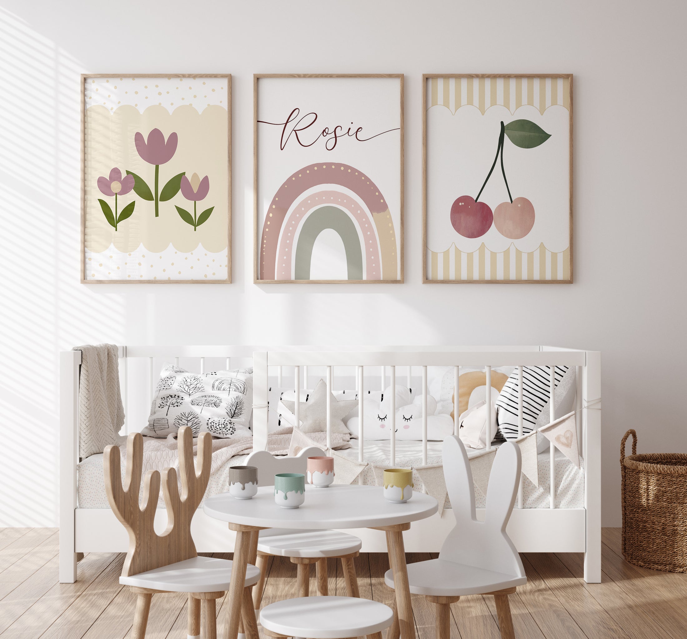 Cherries, Rainbow and Retro flowers | Set of 3 Prints | Personalised Tween Room - RoseRowanDesign
