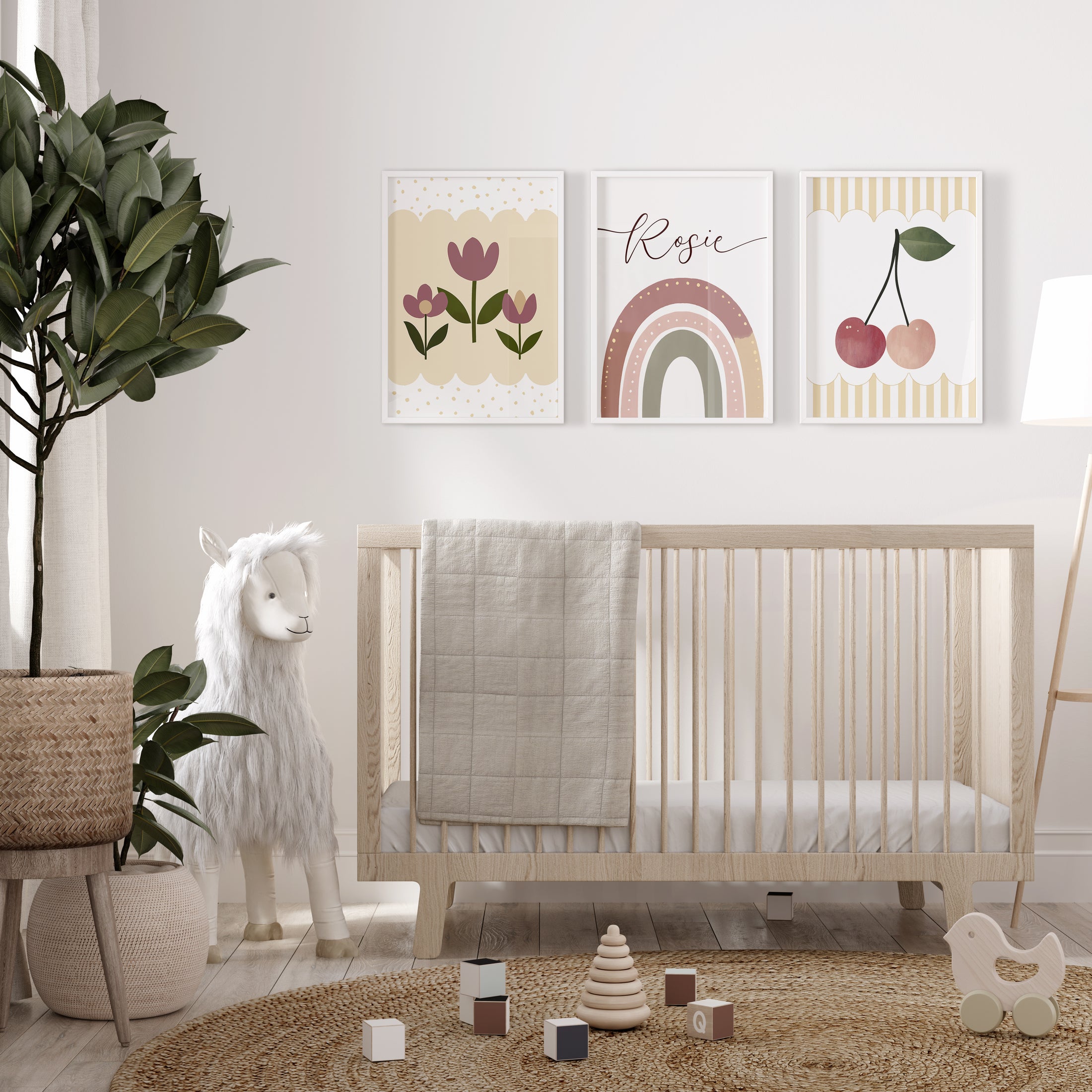 Cherries, Rainbow and Retro flowers | Set of 3 Prints | Personalised Tween Room - RoseRowanDesign