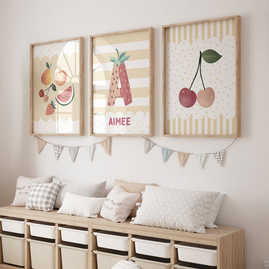 Fruit Personalised Set of 3 Prints | Cherry Nursery Wall Art - RoseRowanDesign