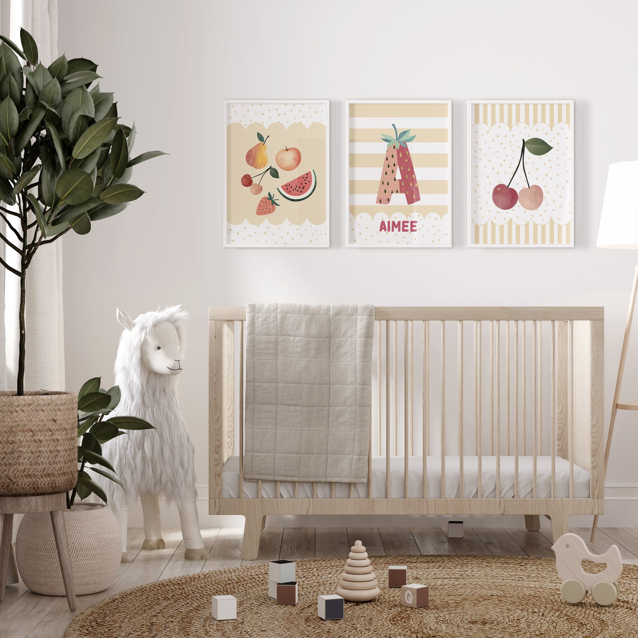 Fruit Personalised Set of 3 Prints | Cherry Nursery Wall Art - RoseRowanDesign