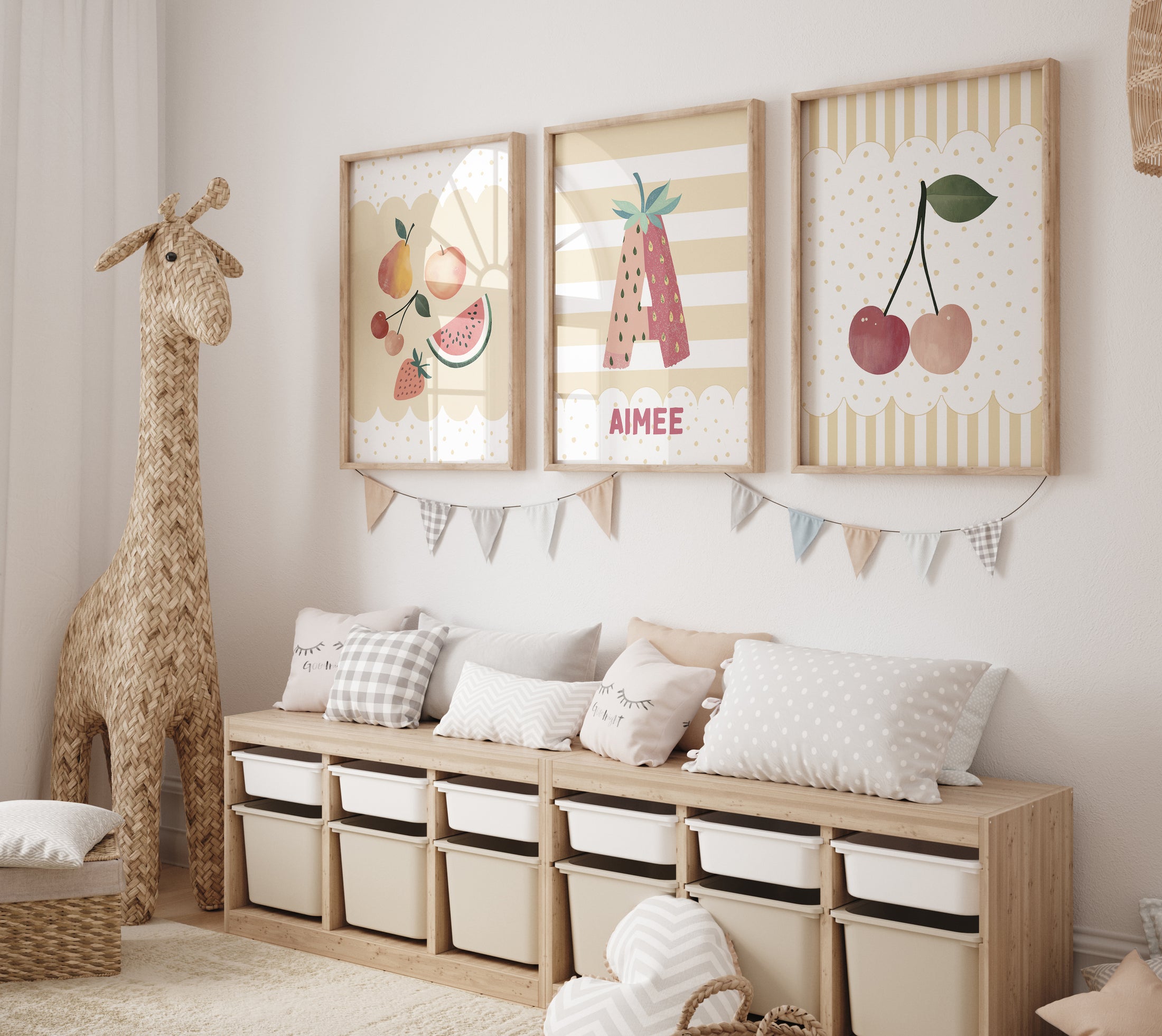 Fruit Personalised Set of 3 Prints | Cherry Nursery Wall Art - RoseRowanDesign