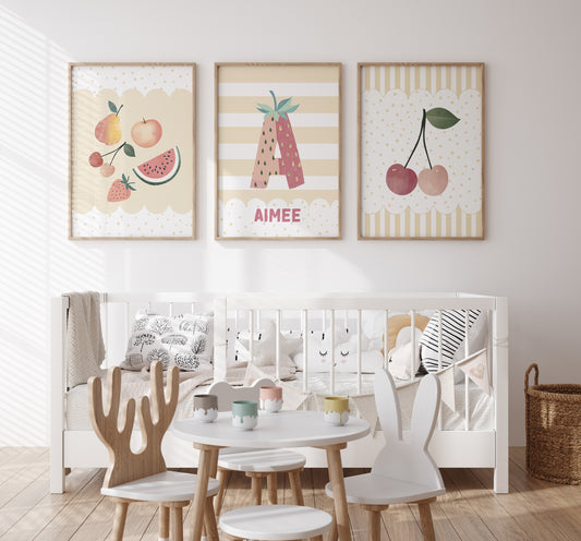 Fruit Personalised Set of 3 Prints | Cherry Nursery Wall Art - RoseRowanDesign