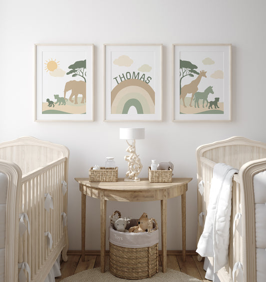 Green & Beige Safari Animals | Set of 3 Prints | Rainbow Nursery Art - RoseRowanDesign