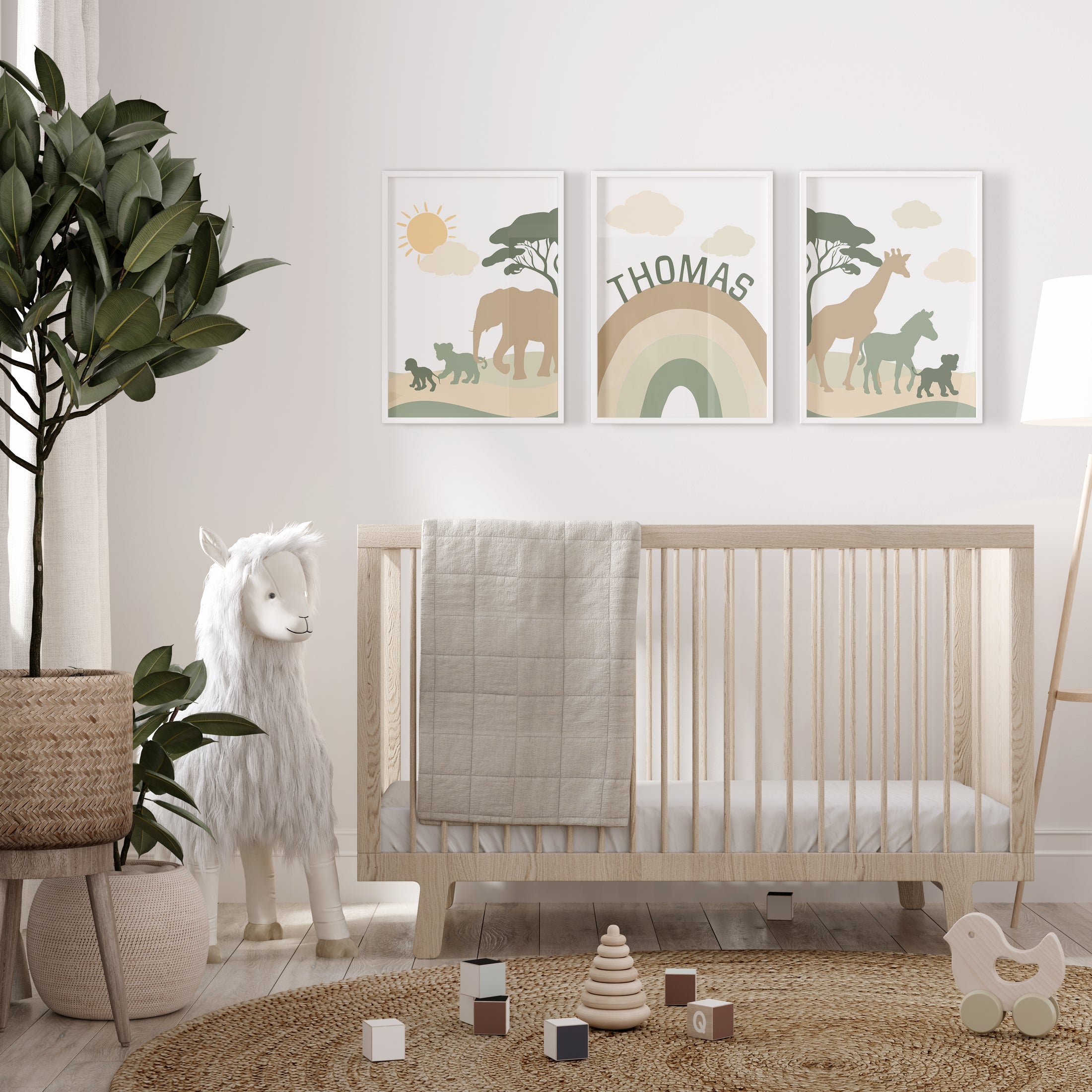 Green & Beige Safari Animals | Set of 3 Prints | Rainbow Nursery Art - RoseRowanDesign