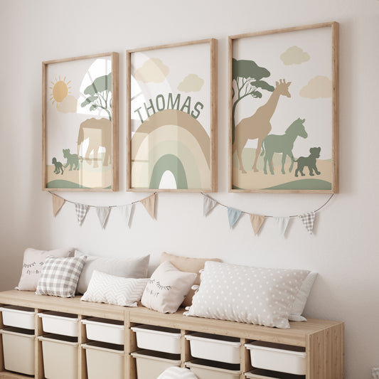 Green & Beige Safari Animals | Set of 3 Prints | Rainbow Nursery Art - RoseRowanDesign