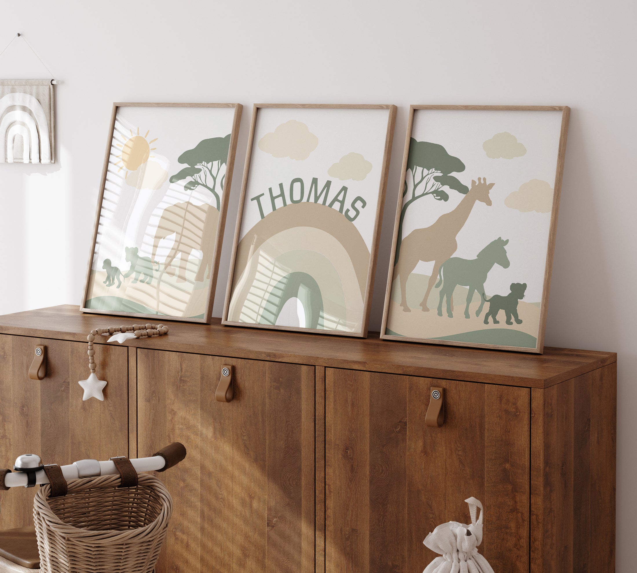 Green & Beige Safari Animals | Set of 3 Prints | Rainbow Nursery Art - RoseRowanDesign