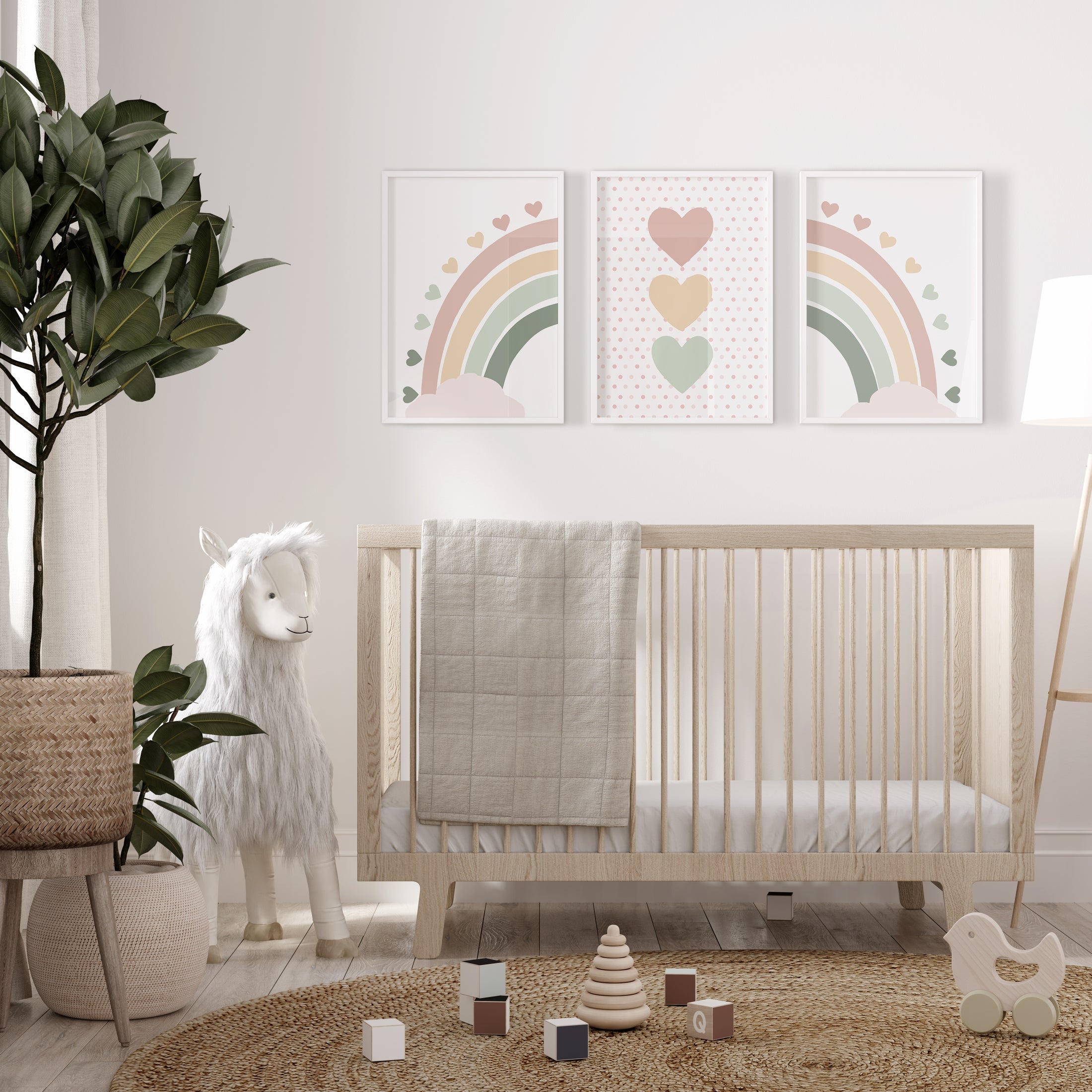 Hearts and Rainbow | Set of 3 Prints | Dusty Pink and Green - RoseRowanDesign