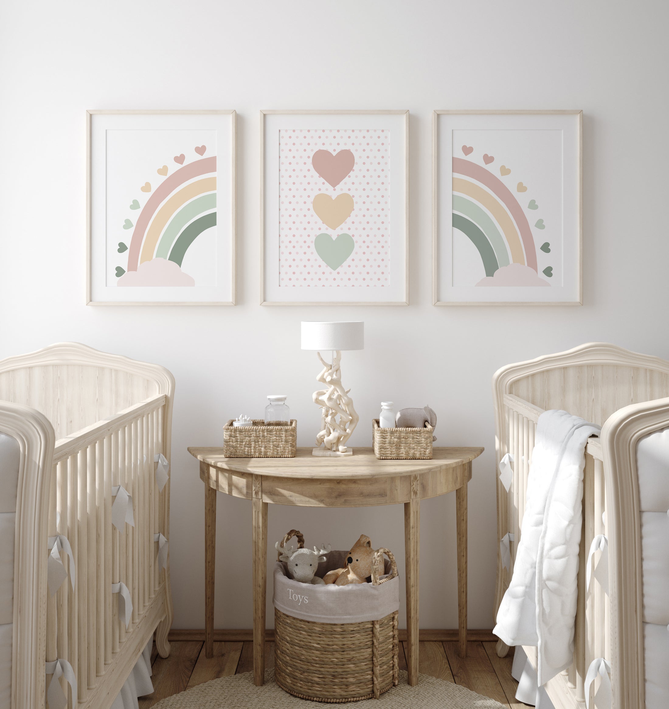 Hearts and Rainbow | Set of 3 Prints | Dusty Pink and Green - RoseRowanDesign