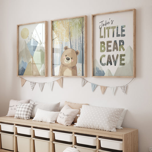 Little Bear Cave | Set of 3 Prints | Forest & Mountain Theme - RoseRowanDesign