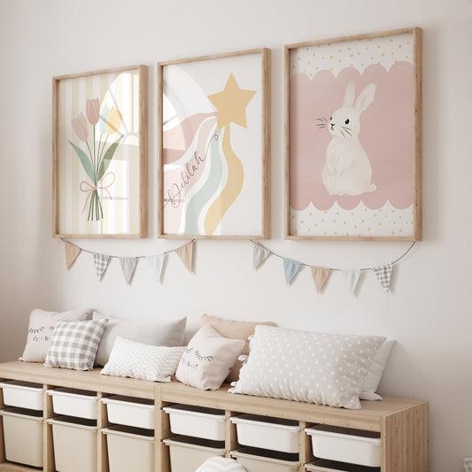 Pastel Colour Girls Nursery Prints | Set of 3 | Bunny, Star and Flowers - RoseRowanDesign