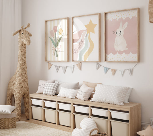 Pastel Colour Girls Nursery Prints | Set of 3 | Bunny, Star and Flowers - RoseRowanDesign