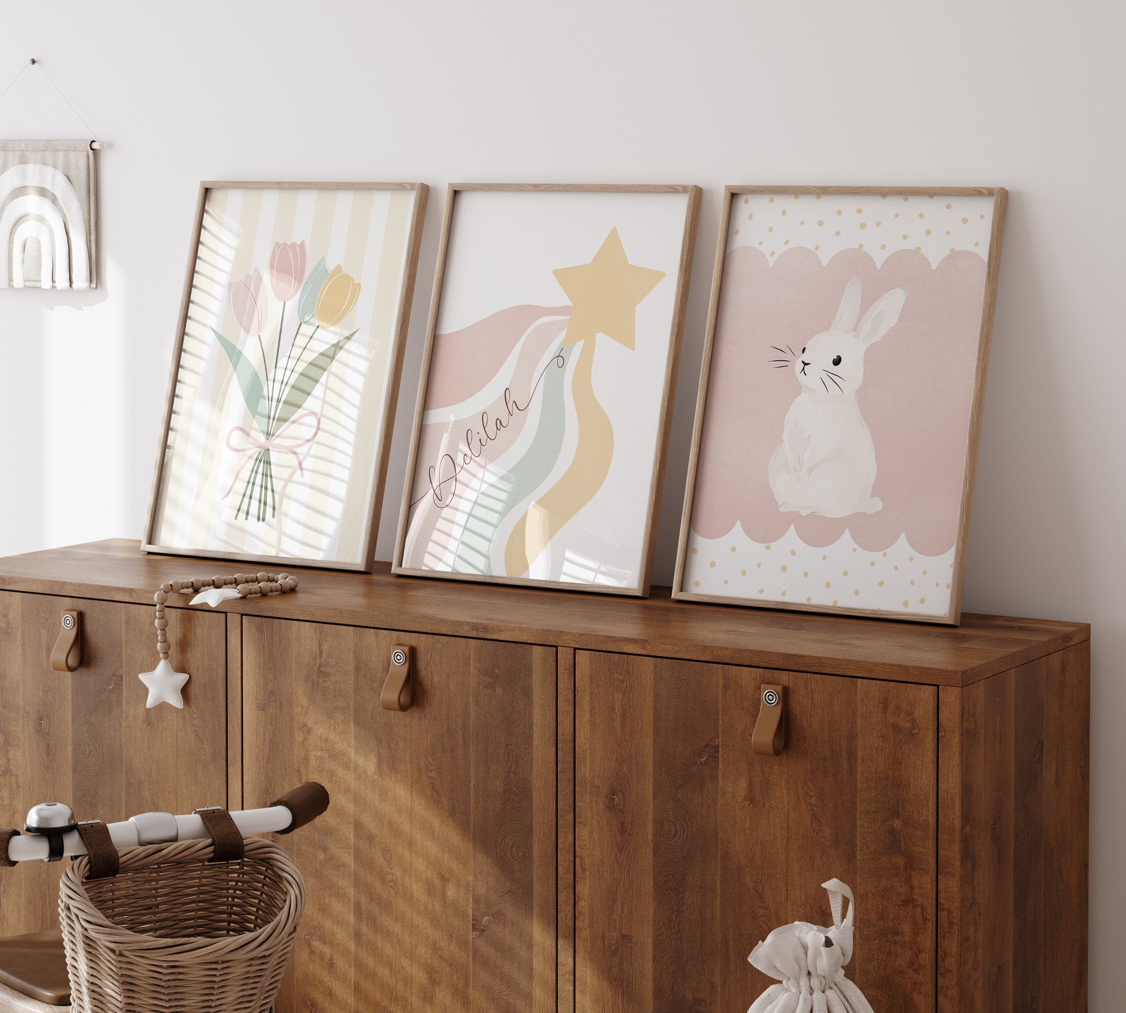 Pastel Colour Girls Nursery Prints | Set of 3 | Bunny, Star and Flowers - RoseRowanDesign