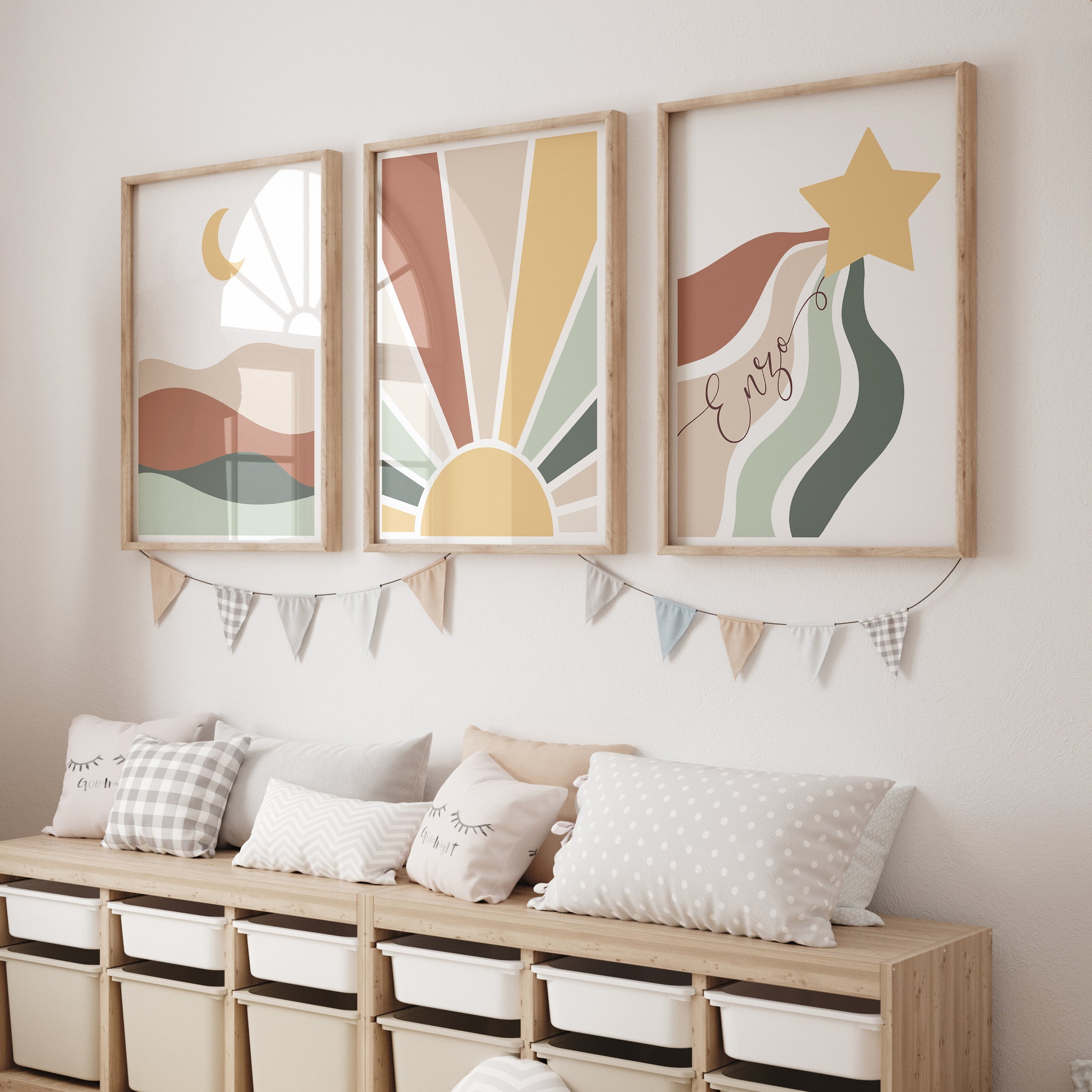 Personalised Boho Star, Sun & Moon | Set of 3 | Mid Century kids room - RoseRowanDesign