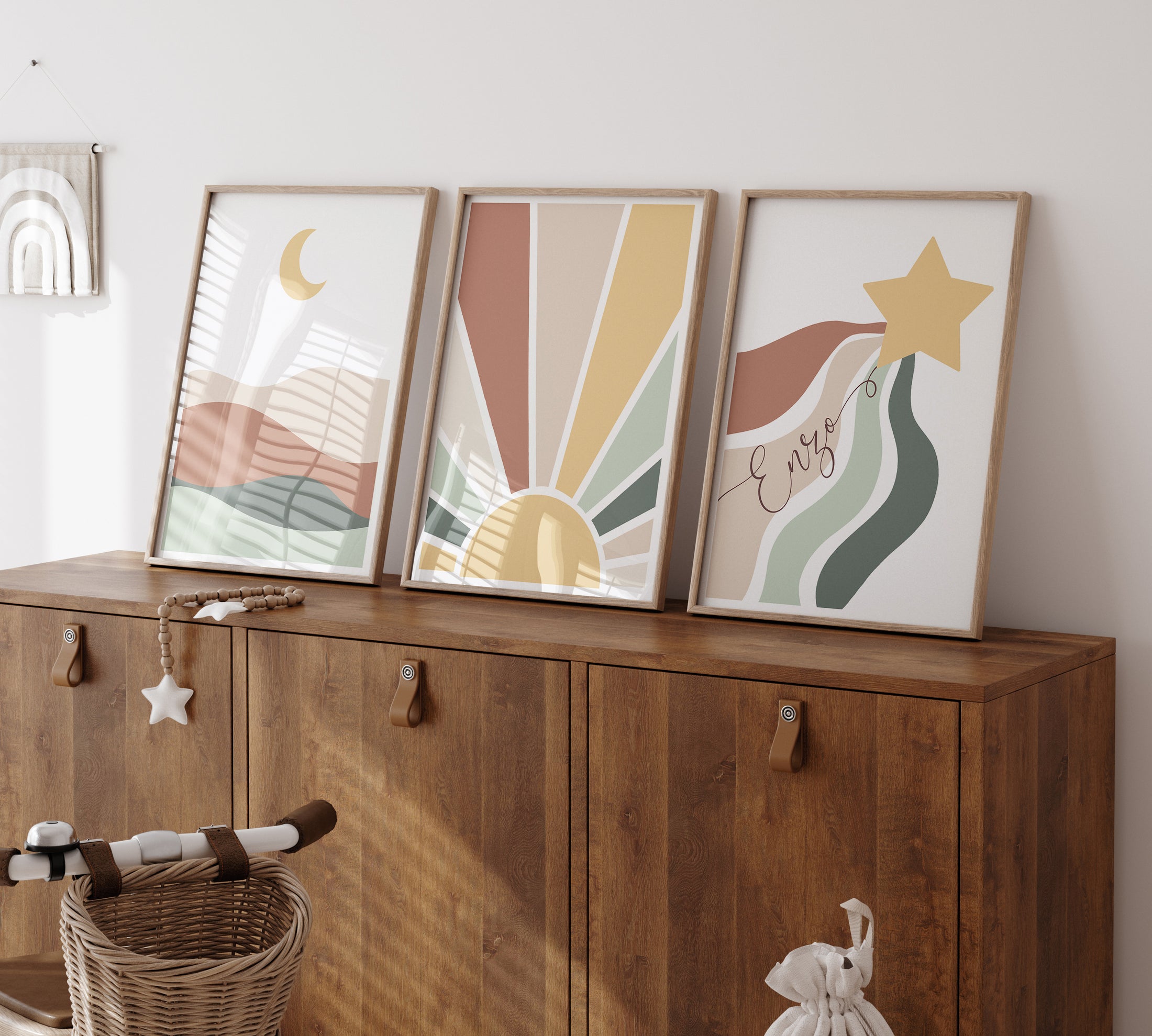 Personalised Boho Star, Sun & Moon | Set of 3 | Mid Century kids room - RoseRowanDesign
