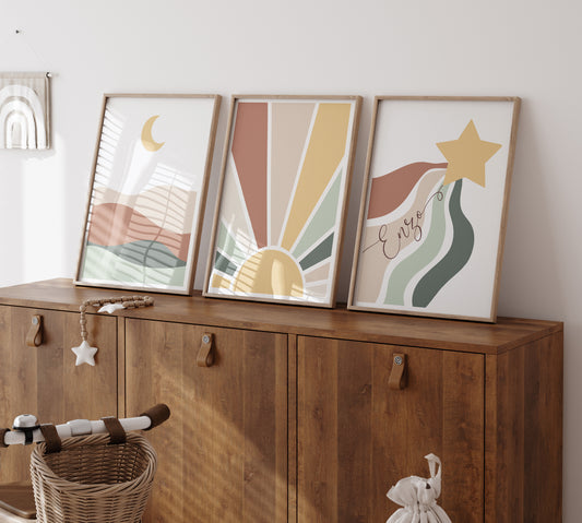 Personalised Boho Star, Sun & Moon | Set of 3 | Mid Century kids room - RoseRowanDesign