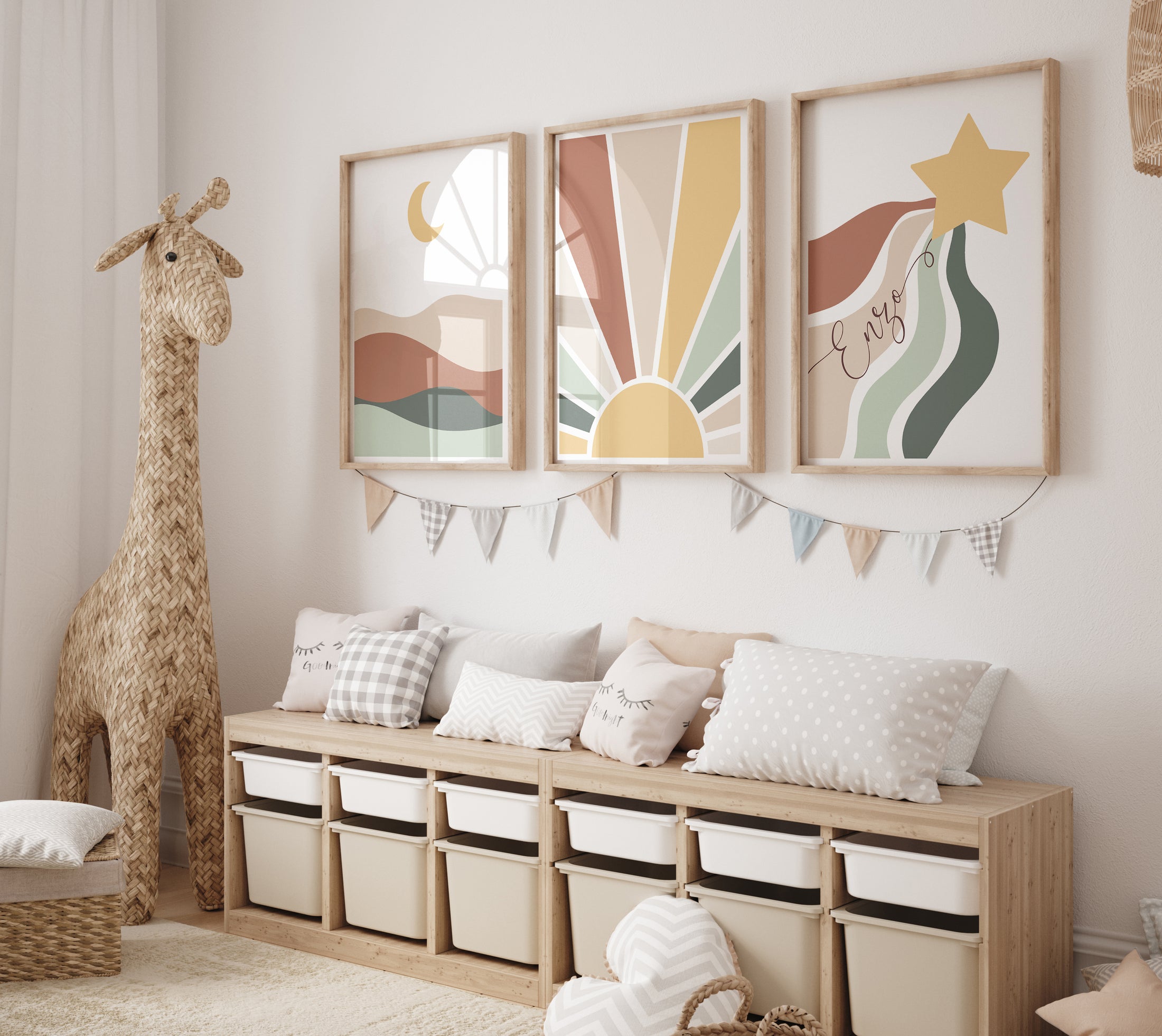 Personalised Boho Star, Sun & Moon | Set of 3 | Mid Century kids room - RoseRowanDesign
