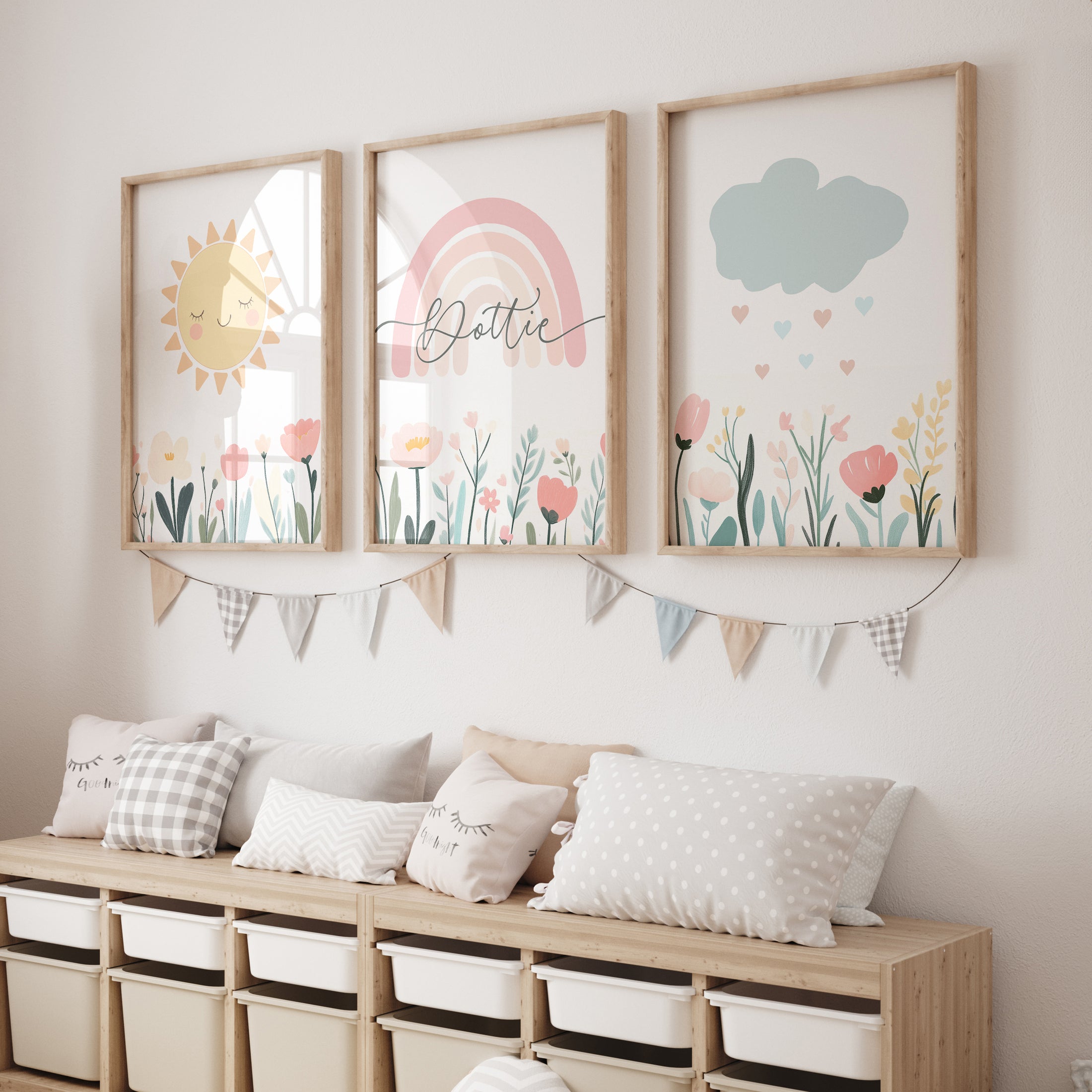 Personalised Girls Nursery Wall Prints | Set of 3 | Pastel Colours - RoseRowanDesign