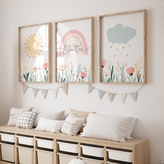 Personalised Girls Nursery Wall Prints | Set of 3 | Pastel Colours - RoseRowanDesign