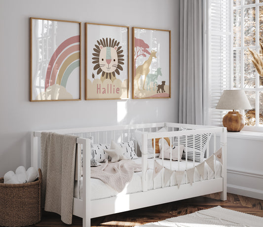 Personalised Lion Safari Animals Nursery Wall Art | Set of 3 | Earth Pink Tones - RoseRowanDesign