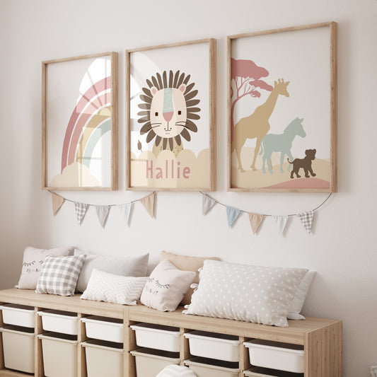 Personalised Lion Safari Animals Nursery Wall Art | Set of 3 | Earth Pink Tones - RoseRowanDesign