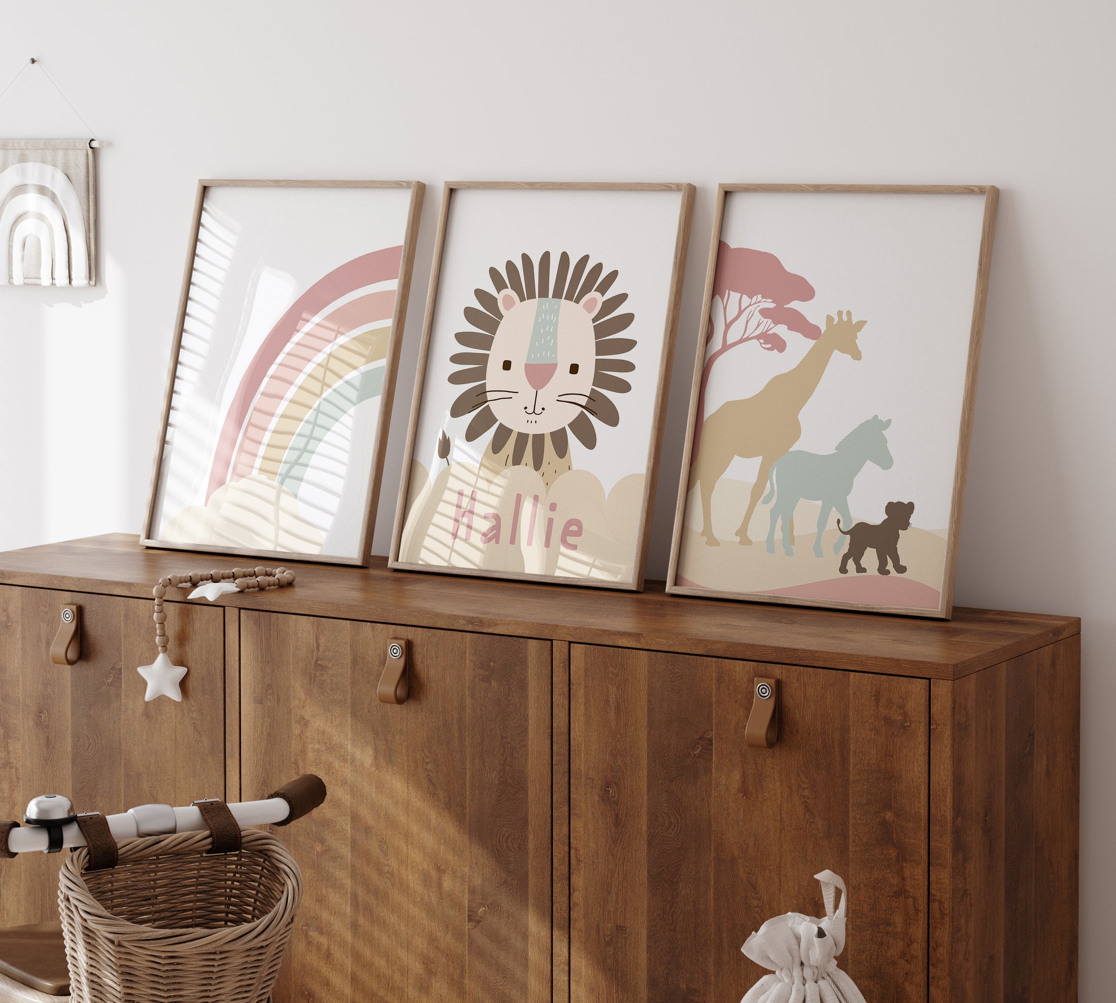 Personalised Lion Safari Animals Nursery Wall Art | Set of 3 | Earth Pink Tones - RoseRowanDesign