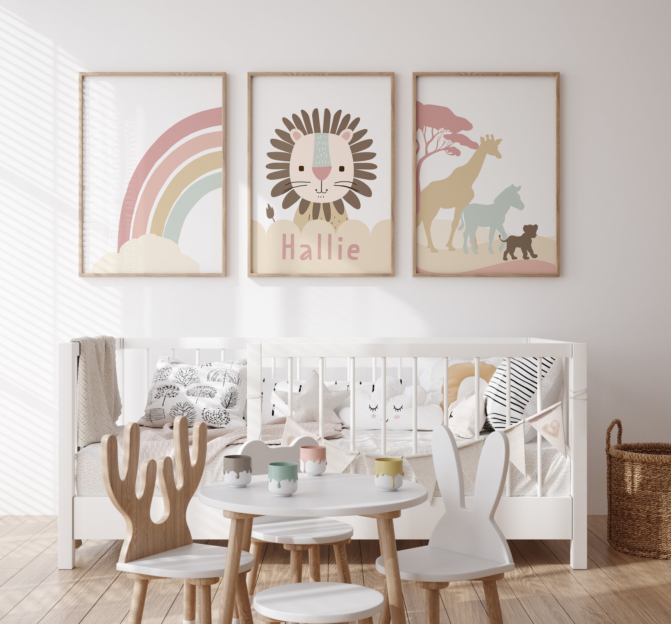 Personalised Lion Safari Animals Nursery Wall Art | Set of 3 | Earth Pink Tones - RoseRowanDesign