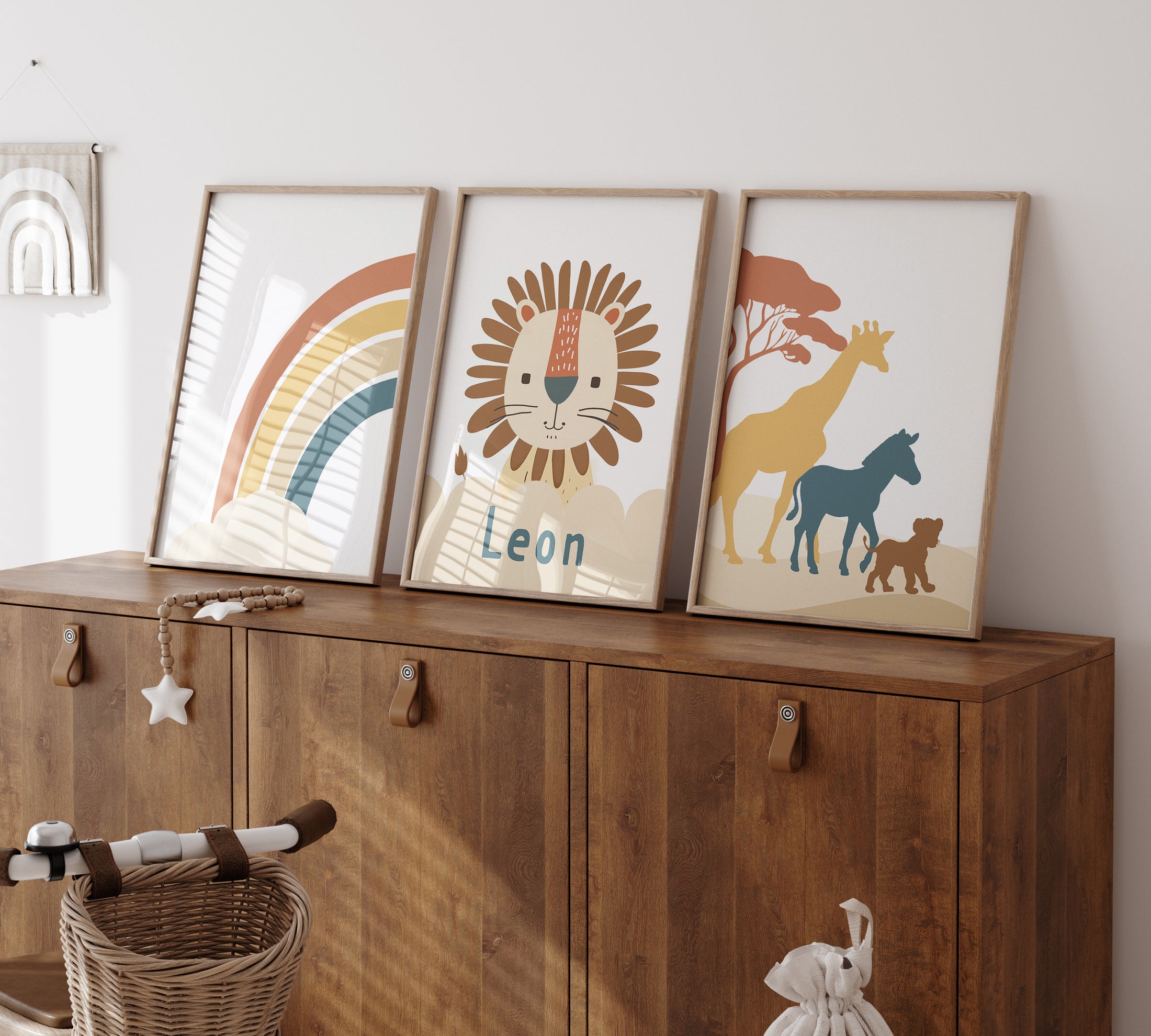 Personalised Lion | Set of 3 Prints | Neutral Earth Toned Rainbow & Safari Animals - RoseRowanDesign