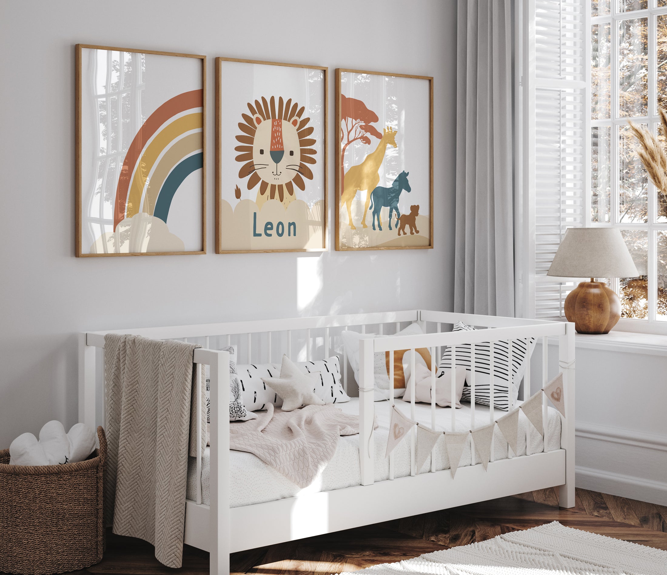Personalised Lion | Set of 3 Prints | Neutral Earth Toned Rainbow & Safari Animals - RoseRowanDesign