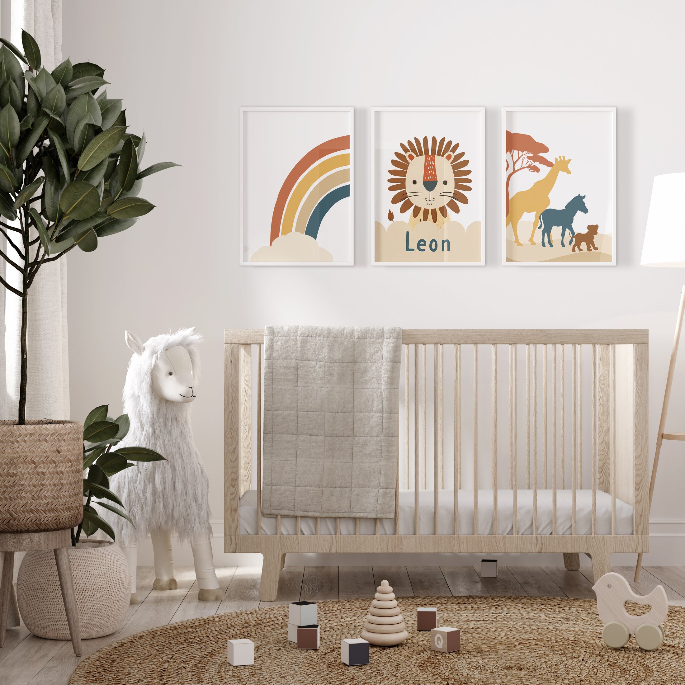 Personalised Lion | Set of 3 Prints | Neutral Earth Toned Rainbow & Safari Animals - RoseRowanDesign