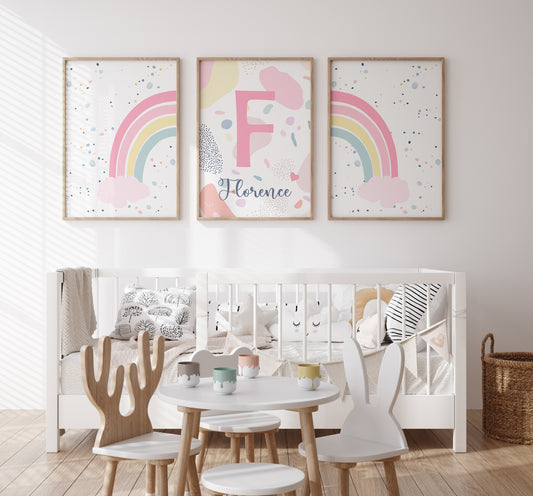 Personalised Rainbow | Set of 3 Prints | Pink Girls Room Print Set - RoseRowanDesign