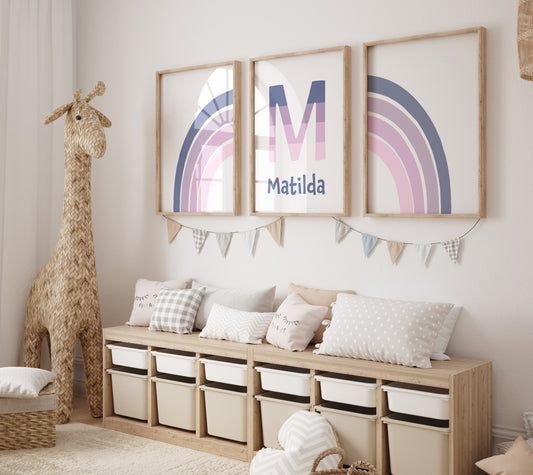 Personalised Rainbow | Set of 3 Prints | Purple Girls Room Print Set - RoseRowanDesign