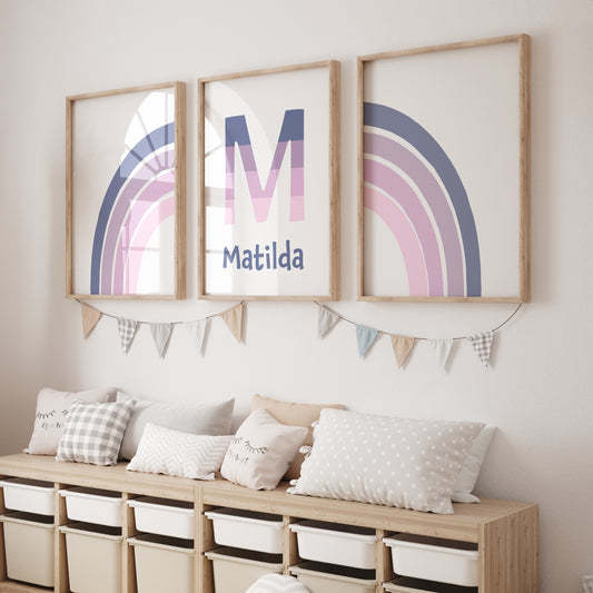 Personalised Rainbow | Set of 3 Prints | Purple Girls Room Print Set - RoseRowanDesign