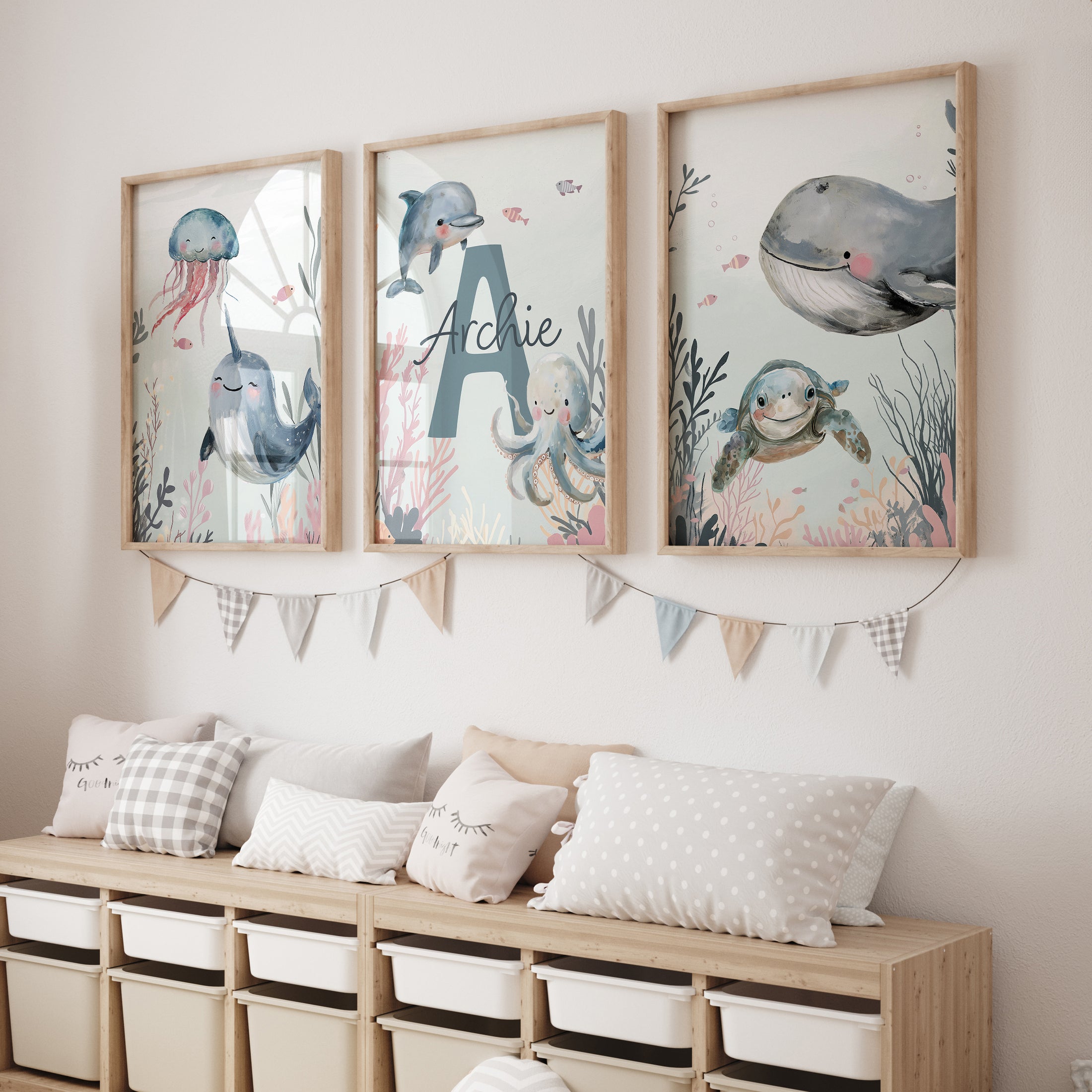 Personalised Sea Life | Set of 3 prints | Blue ocean themed boys room - RoseRowanDesign