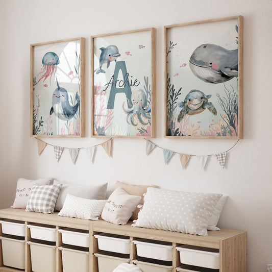 Personalised Sea Life | Set of 3 prints | Blue ocean themed boys room - RoseRowanDesign
