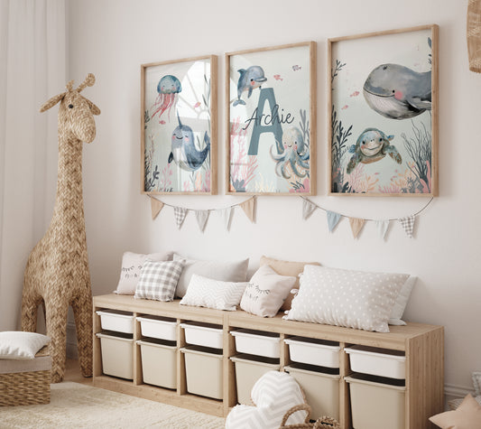 Personalised Sea Life | Set of 3 prints | Blue ocean themed boys room - RoseRowanDesign