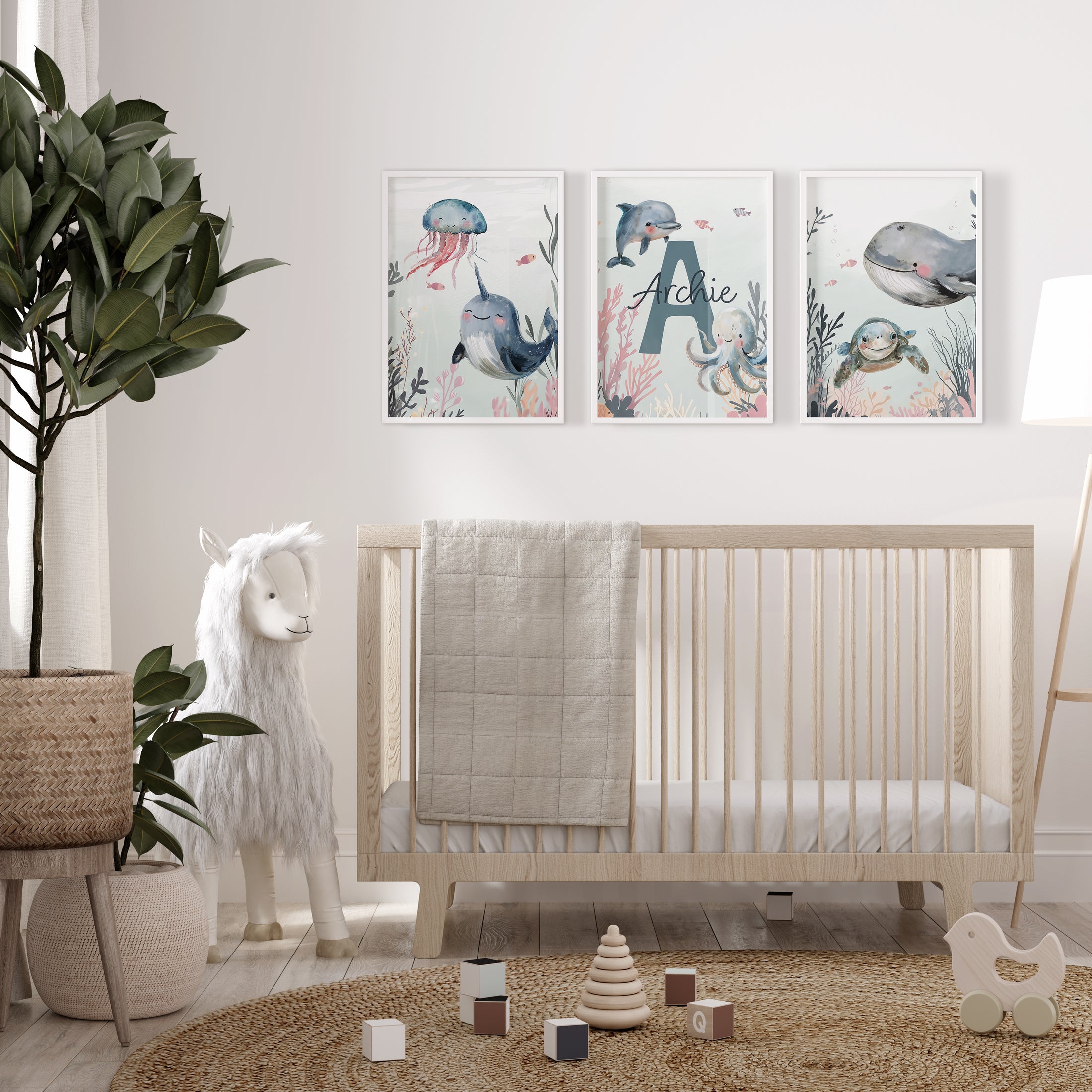 Personalised Sea Life | Set of 3 prints | Blue ocean themed boys room - RoseRowanDesign