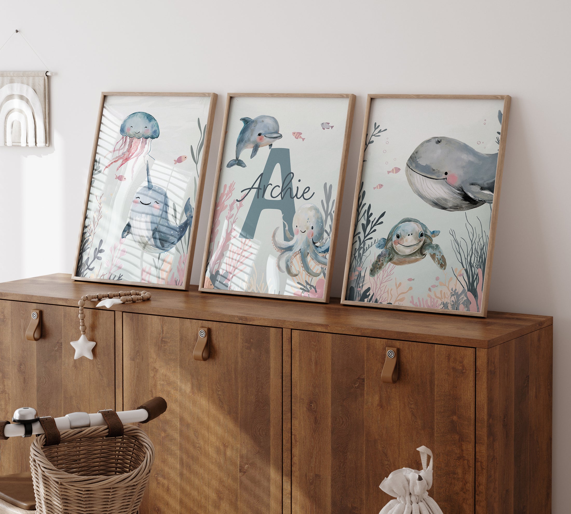 Personalised Sea Life | Set of 3 prints | Blue ocean themed boys room - RoseRowanDesign