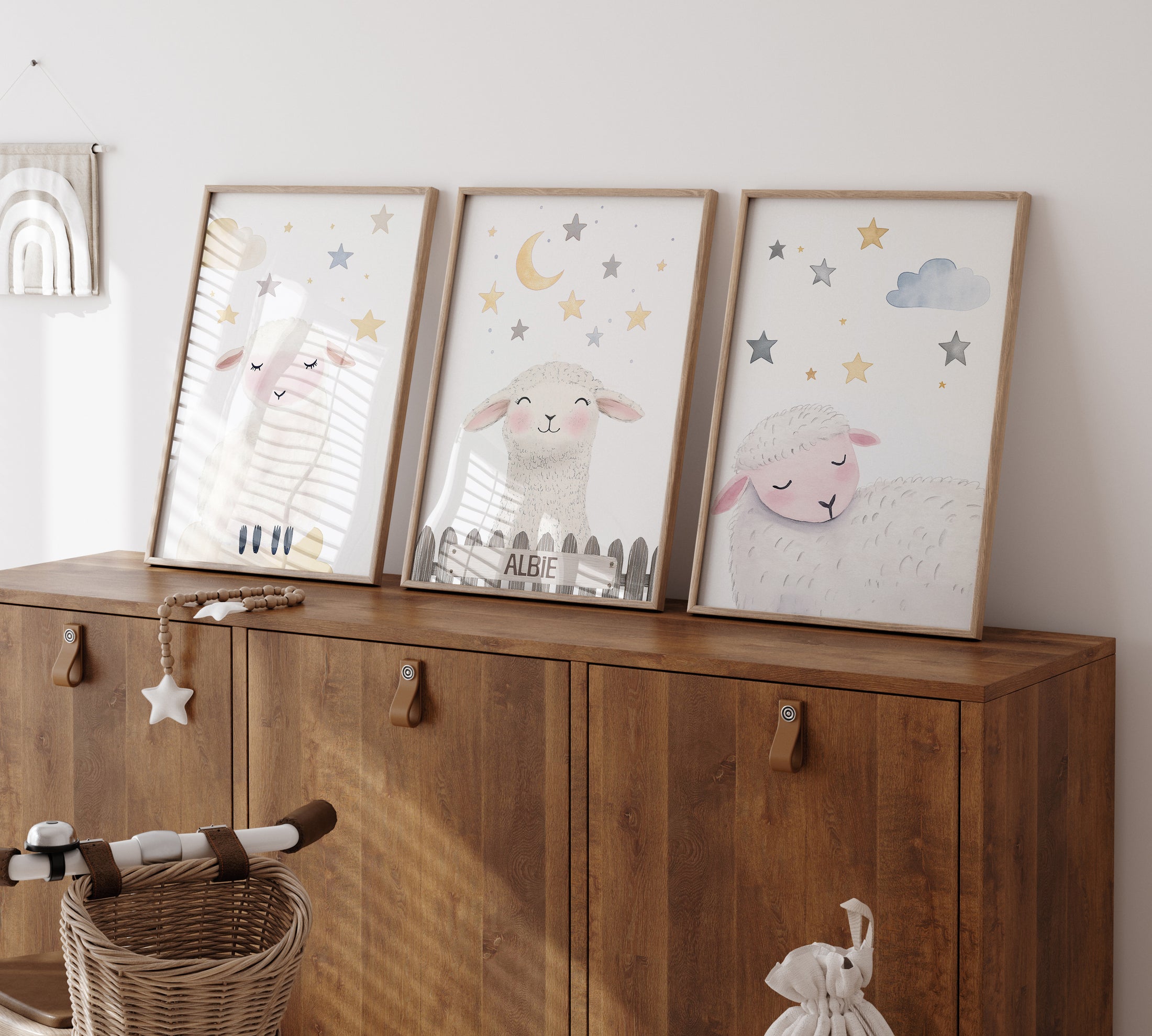 Personalised Sheep Moon & Stars Set of 3 Prints For Kids Room - RoseRowanDesign