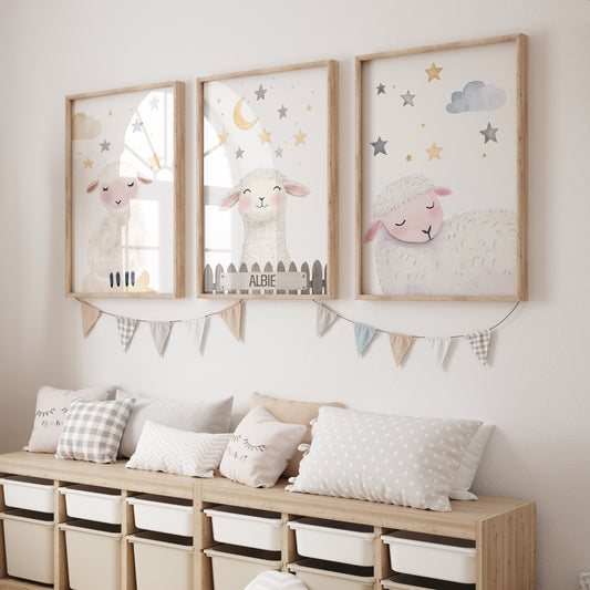 Personalised Sheep Moon & Stars Set of 3 Prints For Kids Room - RoseRowanDesign