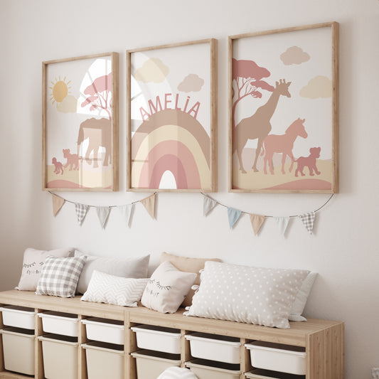 Pink & Beige Safari Animals | Set of 3 Prints | Rainbow Nursery Art - RoseRowanDesign