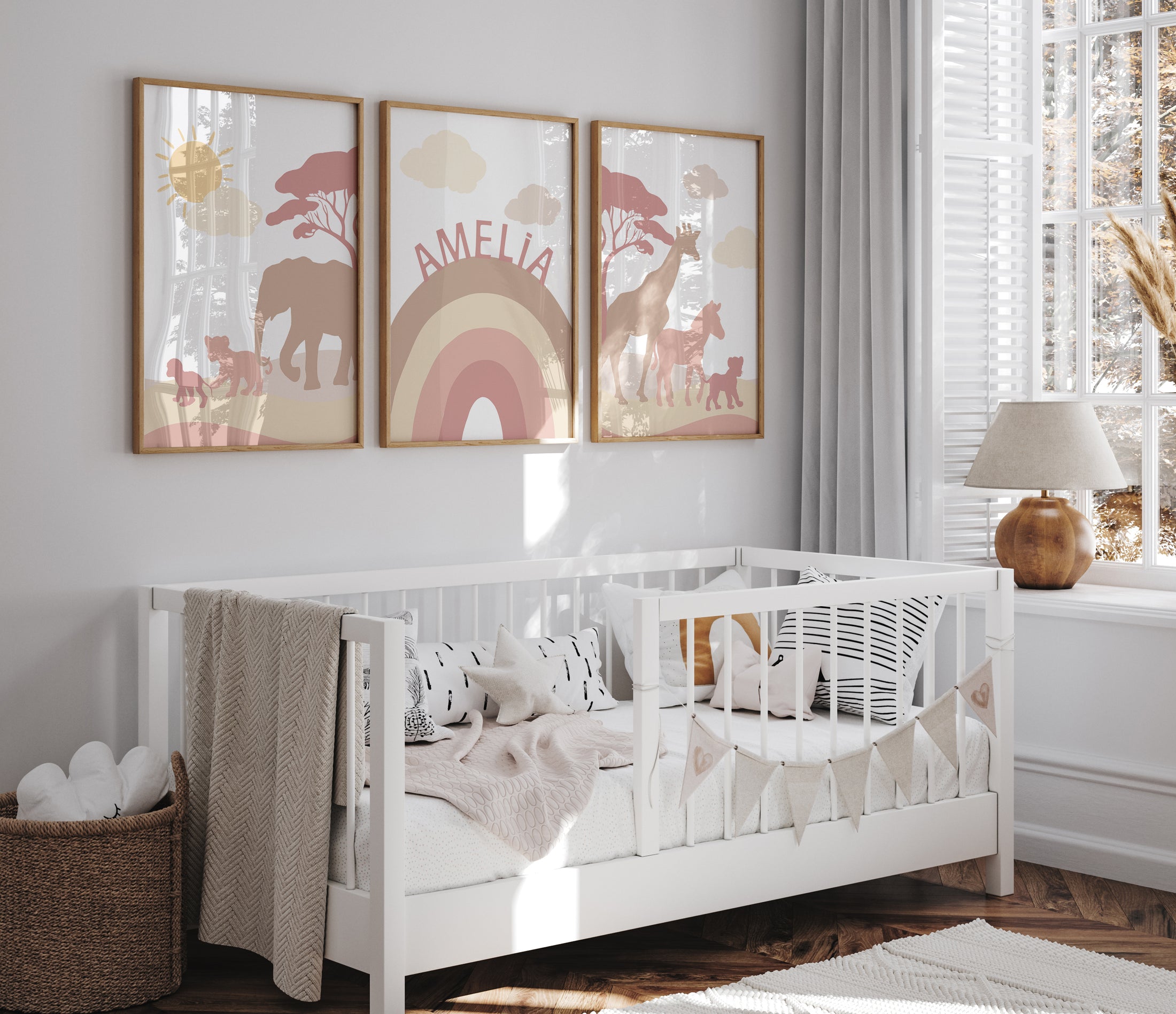 Pink & Beige Safari Animals | Set of 3 Prints | Rainbow Nursery Art - RoseRowanDesign