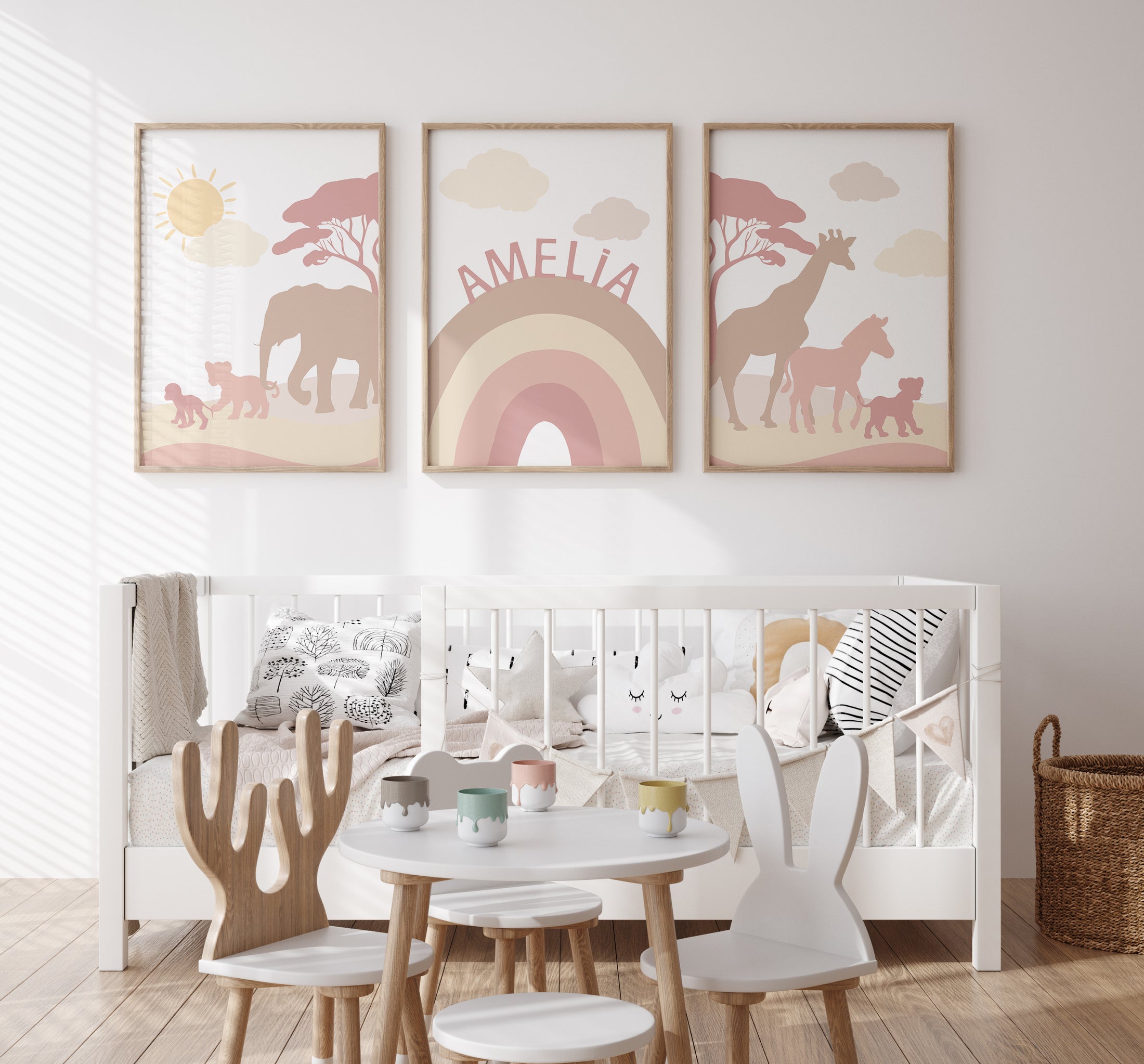 Pink & Beige Safari Animals | Set of 3 Prints | Rainbow Nursery Art - RoseRowanDesign